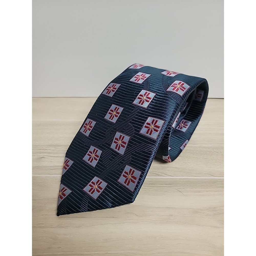 Mens Henry Jacobson Silk Necktie Navy Blue Red Yellow 4 Inch Wide 60 Inch Long
